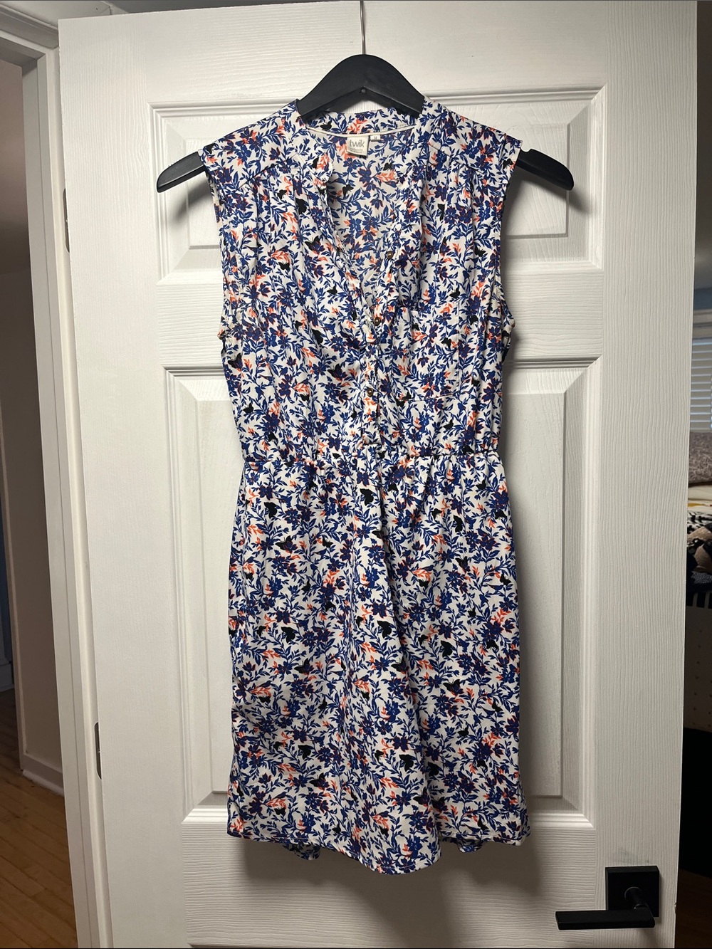 twik Sleeveless Floral V-Neck Mini Dress in White, Blue and Coral